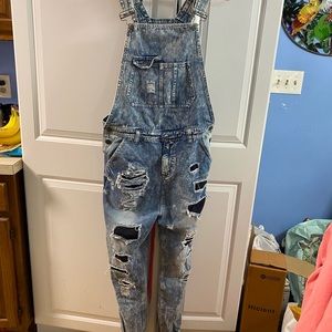Cute Very Unique Imperious Brand Destroyed Full Length Denim Overalls Size Large